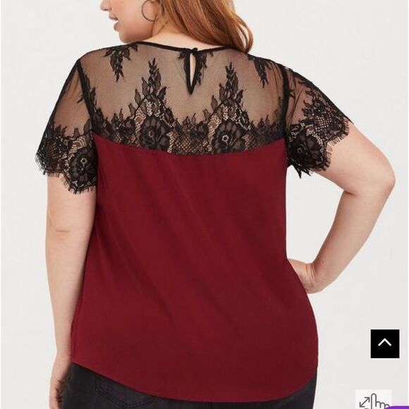 NWT TORRID Short Sleeve Red Satin With Lace Trim Blouse - Picture 4 of 6